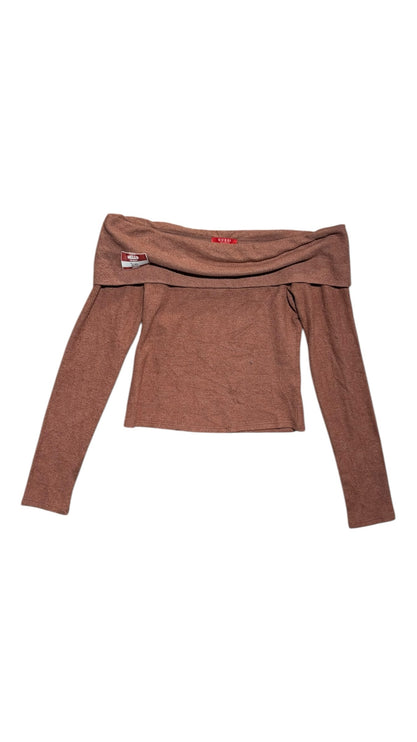 OutOf10 GUESS brown off-the-shoulder long sleeve knit top with a folded neckline and slim-fit silhouette.