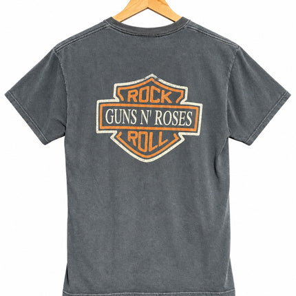 OutOf10 washed-black cotton t-shirt featuring a vintage Guns N' Roses shield logo graphic on the back
