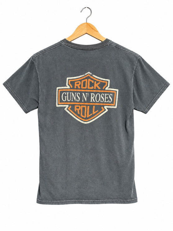 OutOf10 washed-black cotton t-shirt featuring a vintage Guns N' Roses shield logo graphic on the back