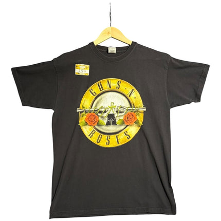 OutOf10 black cotton short-sleeve t-shirt featuring a vintage Guns N' Roses revolver and rose graphic print