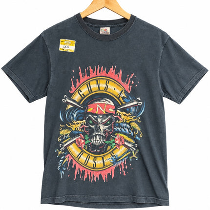 OutOf10 vintage-style washed black cotton t-shirt featuring a bold Guns N' Roses skull and rose graphic print