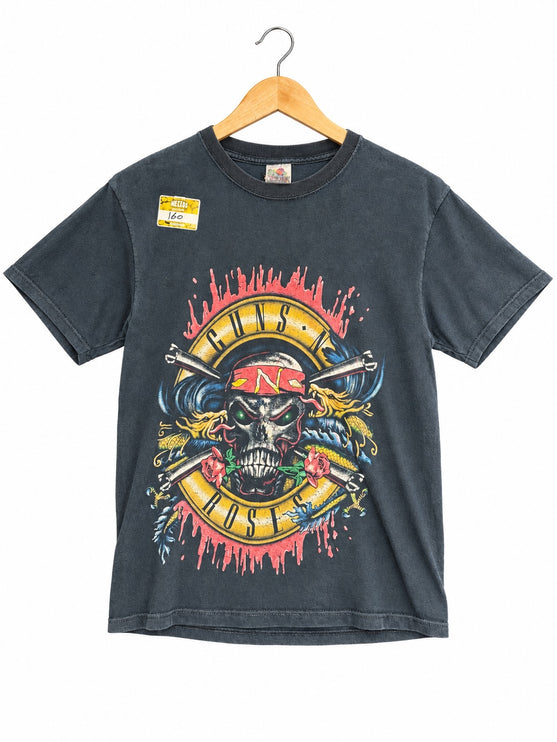 OutOf10 vintage-style washed black cotton t-shirt featuring a bold Guns N' Roses skull and rose graphic print