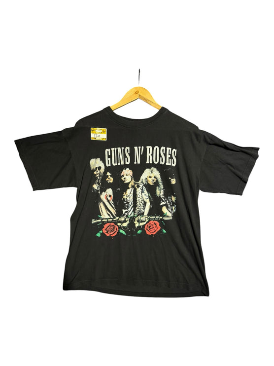 OutOf10 black vintage style Guns N' Roses band t-shirt with graphic print of band members, roses, and revolvers.