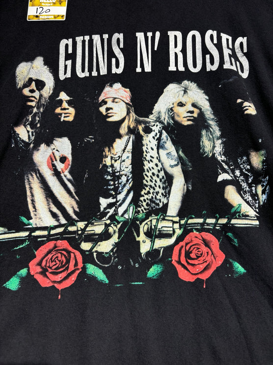 OutOf10 black vintage-style Guns N' Roses band t-shirt with graphic print of band members, roses, and revolvers.