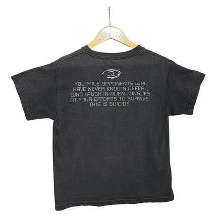 OutOf10 black cotton Halo 2 graphic t-shirt featuring a game quote on the back, hanging on a wooden hanger.