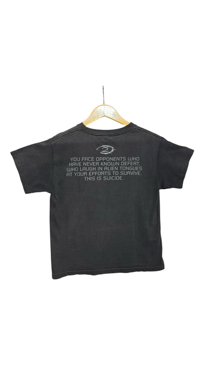 OutOf10 black cotton Halo 2 graphic t-shirt featuring a game quote on the back, hanging on a wooden hanger.