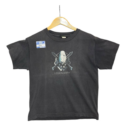 OutOf10 black cotton Halo 2 Legendary graphic t-shirt with Elite helmet design and crew neck, hanging on a hanger.