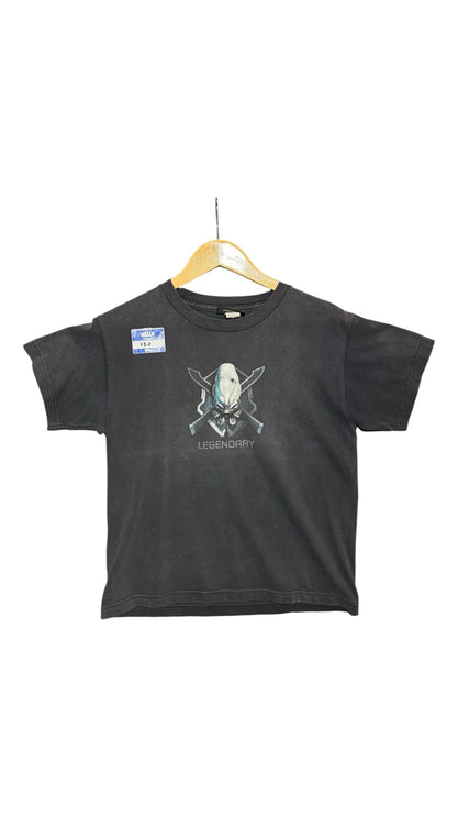 OutOf10 black cotton Halo 2 Legendary graphic t-shirt with Elite helmet design and crew neck, hanging on a hanger.