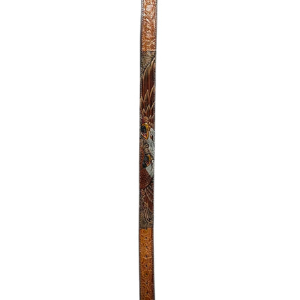 OutOf10 hand-tooled brown leather belt featuring intricate floral embossing and a detailed hand-painted eagle motif.