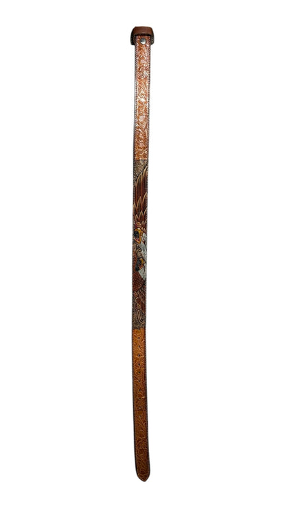 OutOf10 hand-tooled brown leather belt featuring intricate floral embossing and a detailed hand-painted eagle motif.