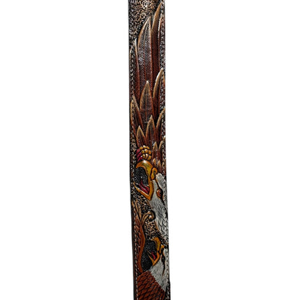 OutOf10 hand-tooled brown leather belt featuring an intricate floral pattern and a detailed hand-painted eagle motif.