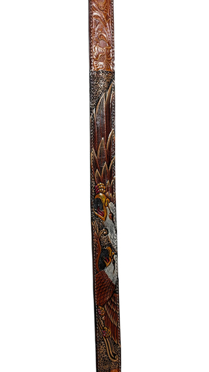 OutOf10 hand-tooled brown leather belt featuring an intricate floral pattern and a detailed hand-painted eagle motif.