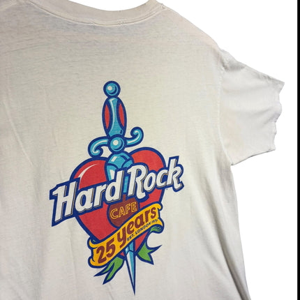 OutOf10 vintage white cotton t-shirt featuring a Hard Rock Cafe 25th anniversary heart and dagger graphic on the back