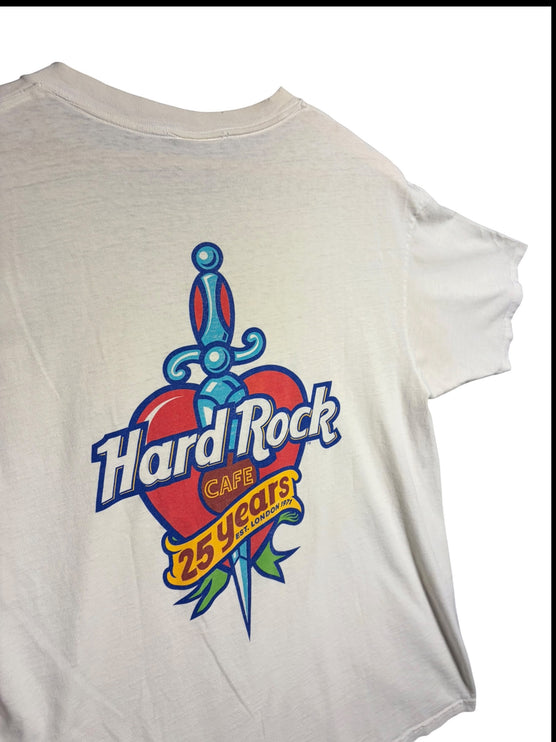 OutOf10 vintage white cotton t-shirt featuring a Hard Rock Cafe 25th anniversary heart and dagger graphic on the back