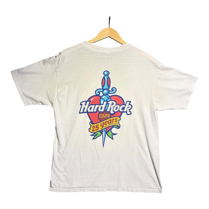 OutOf10 vintage white Hard Rock Cafe 25th anniversary t-shirt with heart and dagger graphic on the back