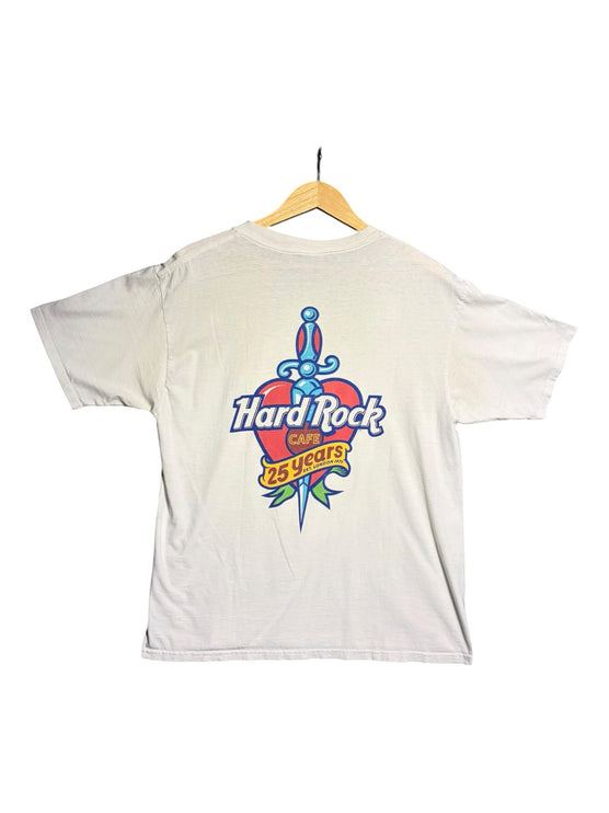 OutOf10 vintage white Hard Rock Cafe 25th anniversary t-shirt with heart and dagger graphic on the back