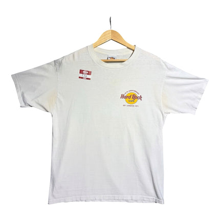 OutOf10 vintage white Hard Rock Cafe 25th anniversary cotton t-shirt with front logo on a wooden hanger