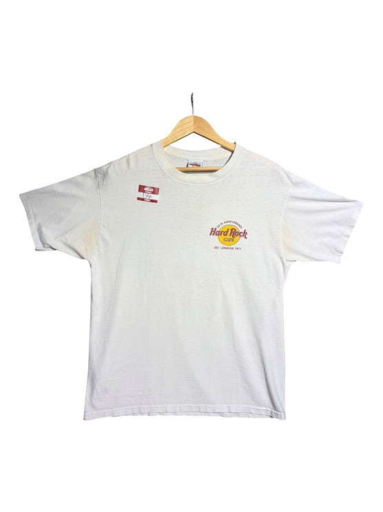 OutOf10 vintage white Hard Rock Cafe 25th anniversary cotton t-shirt with front logo on a wooden hanger