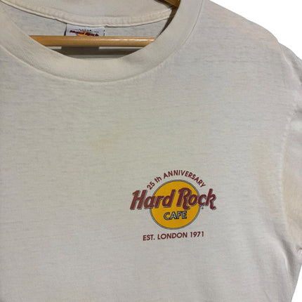 OutOf10 vintage white Hard Rock Cafe 25th anniversary graphic t-shirt with London 1971 logo on cotton fabric