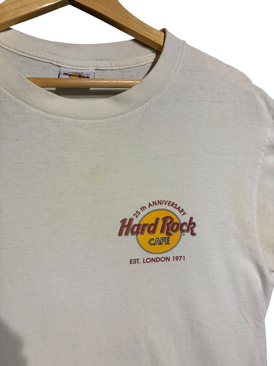 OutOf10 vintage white Hard Rock Cafe 25th anniversary graphic t-shirt with London 1971 logo on cotton fabric