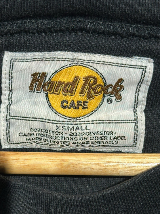 OutOf10 Hard Rock Cafe Yokohama sweatshirt interior label showing size XS and cotton polyester fabric blend