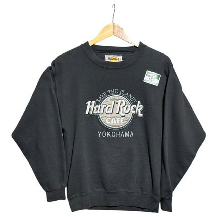 OutOf10 black Hard Rock Cafe Yokohama Save The Planet crew neck sweatshirt with embroidered graphic on a hanger