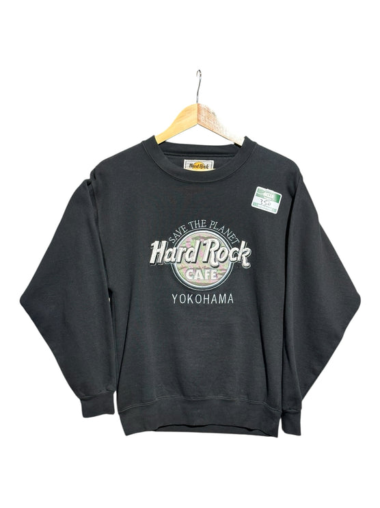 OutOf10 black Hard Rock Cafe Yokohama Save The Planet crew neck sweatshirt with embroidered graphic on a hanger
