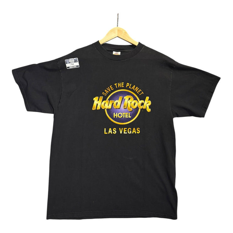 OutOf10 black crewneck t-shirt featuring a gold and purple Hard Rock Hotel Las Vegas Save The Planet graphic logo.