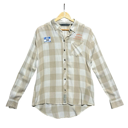 OutOf10 Harley-Davidson beige and white plaid long-sleeve button-down shirt with chest pocket and orange logo embroidery