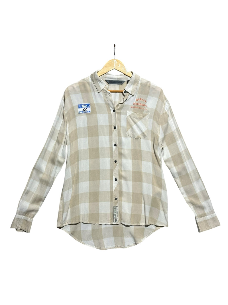 OutOf10 Harley-Davidson beige and white plaid long-sleeve button-down shirt with chest pocket and orange logo embroidery