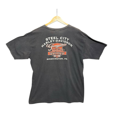 OutOf10 black Harley-Davidson short sleeve t-shirt with Steel City Washington PA graphic on the back