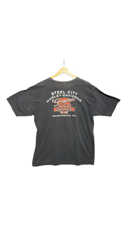 OutOf10 black Harley-Davidson short sleeve t-shirt with Steel City Washington PA graphic on the back
