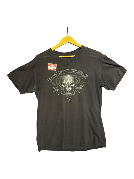 OutOf10 black Harley-Davidson cotton t-shirt featuring a front winged skull graphic and classic crew neck design.