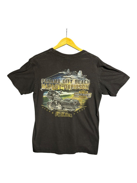 OutOf10 black Harley-Davidson cotton t-shirt featuring a Panama City Beach graphic with a motorcycle and fighter jets.