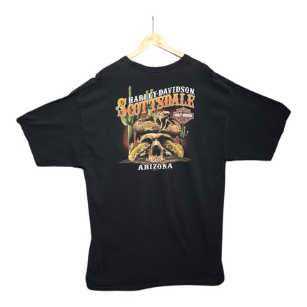 OutOf10 black Harley-Davidson short sleeve t-shirt featuring a desert skull and rattlesnake graphic on the back