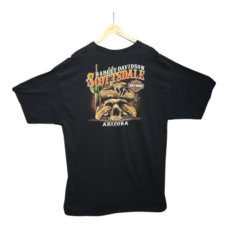 OutOf10 black Harley-Davidson short sleeve t-shirt featuring a desert skull and rattlesnake graphic on the back