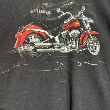 OutOf10 black cotton t-shirt featuring a detailed red Harley-Davidson cruiser motorcycle graphic on the front