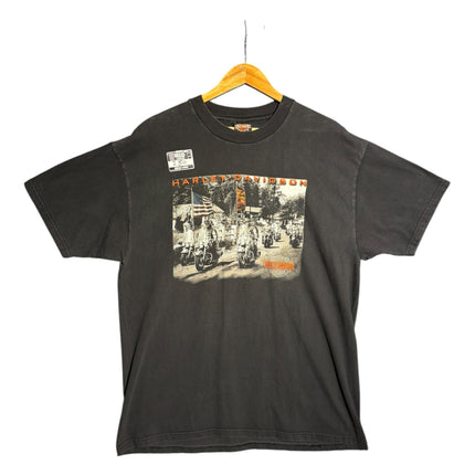 OutOf10 vintage-style black Harley-Davidson cotton t-shirt with a motorcycle and American flag graphic print.