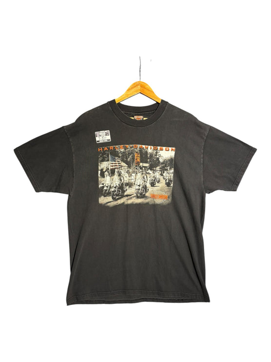 OutOf10 vintage-style black Harley-Davidson cotton t-shirt with a motorcycle and American flag graphic print.