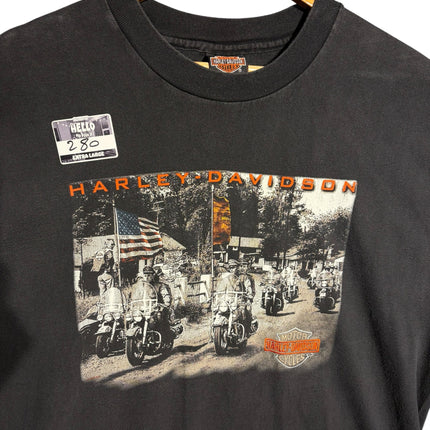 OutOf10 vintage-style black Harley-Davidson cotton t-shirt featuring a motorcycle riders graphic print and US flag.