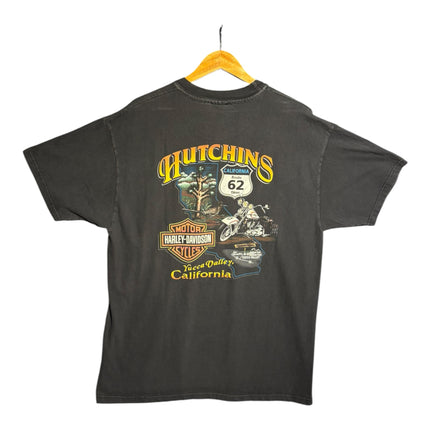 OutOf10 black cotton Harley-Davidson graphic t-shirt featuring a Hutchins Yucca Valley Route 62 print on the back.