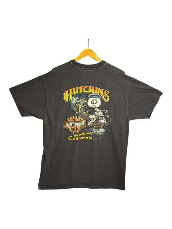 OutOf10 black cotton Harley-Davidson graphic t-shirt featuring a Hutchins Yucca Valley Route 62 print on the back.
