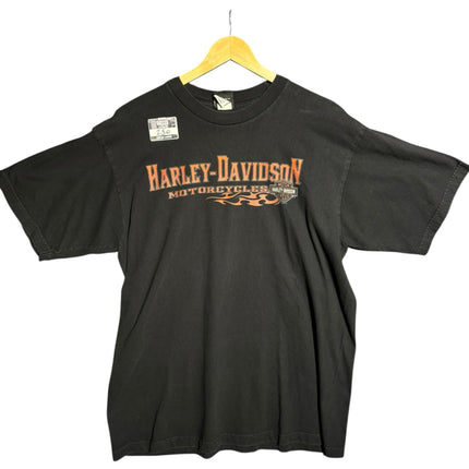 OutOf10 black Harley-Davidson graphic t-shirt with orange flame logo detail and crew neck on a wooden hanger