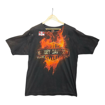 OutOf10 black Harley-Davidson cotton t-shirt with a fiery orange graphic logo on the front, hanging on a hanger.