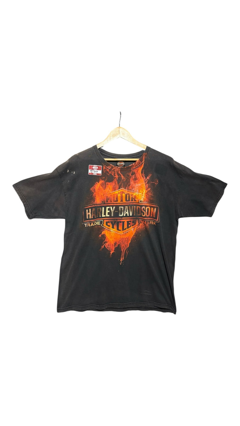 OutOf10 black Harley-Davidson cotton t-shirt with a fiery orange graphic logo on the front, hanging on a hanger.