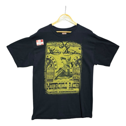 OutOf10 black Harley-Davidson cotton t-shirt featuring a vintage yellow motorcycle racing graphic on the front.