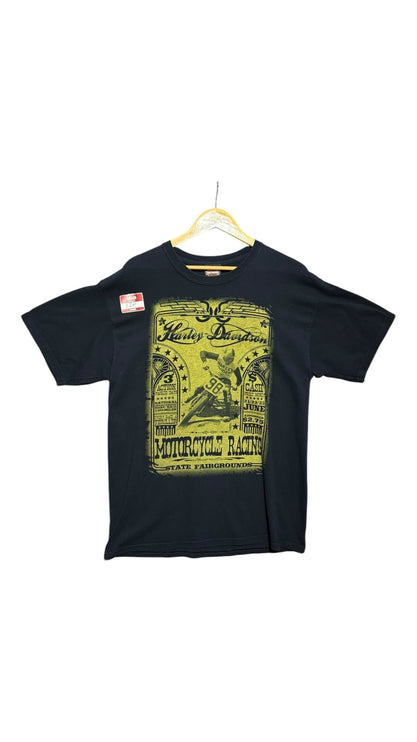 OutOf10 black Harley-Davidson cotton t-shirt featuring a vintage yellow motorcycle racing graphic on the front.