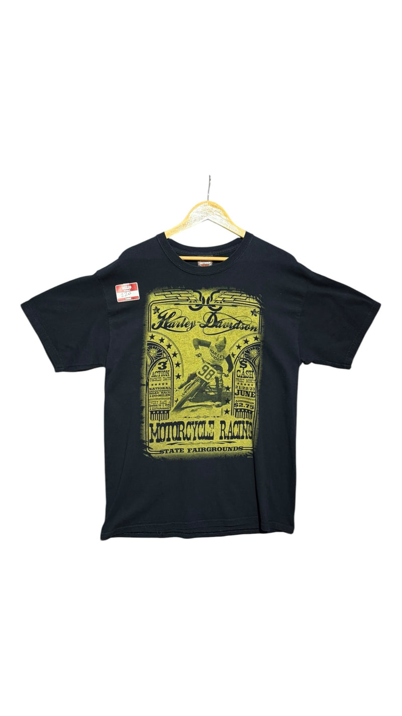 OutOf10 black Harley-Davidson cotton t-shirt featuring a vintage yellow motorcycle racing graphic on the front.