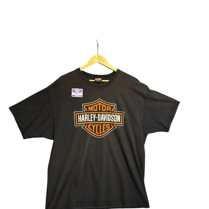 OutOf10 black Harley-Davidson cotton crewneck t-shirt with orange and white Bar & Shield logo on the front