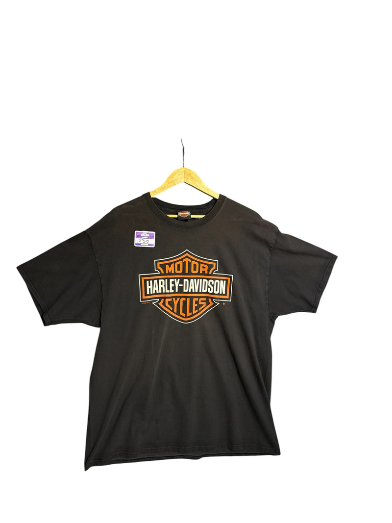 OutOf10 black Harley-Davidson cotton crewneck t-shirt with orange and white Bar & Shield logo on the front